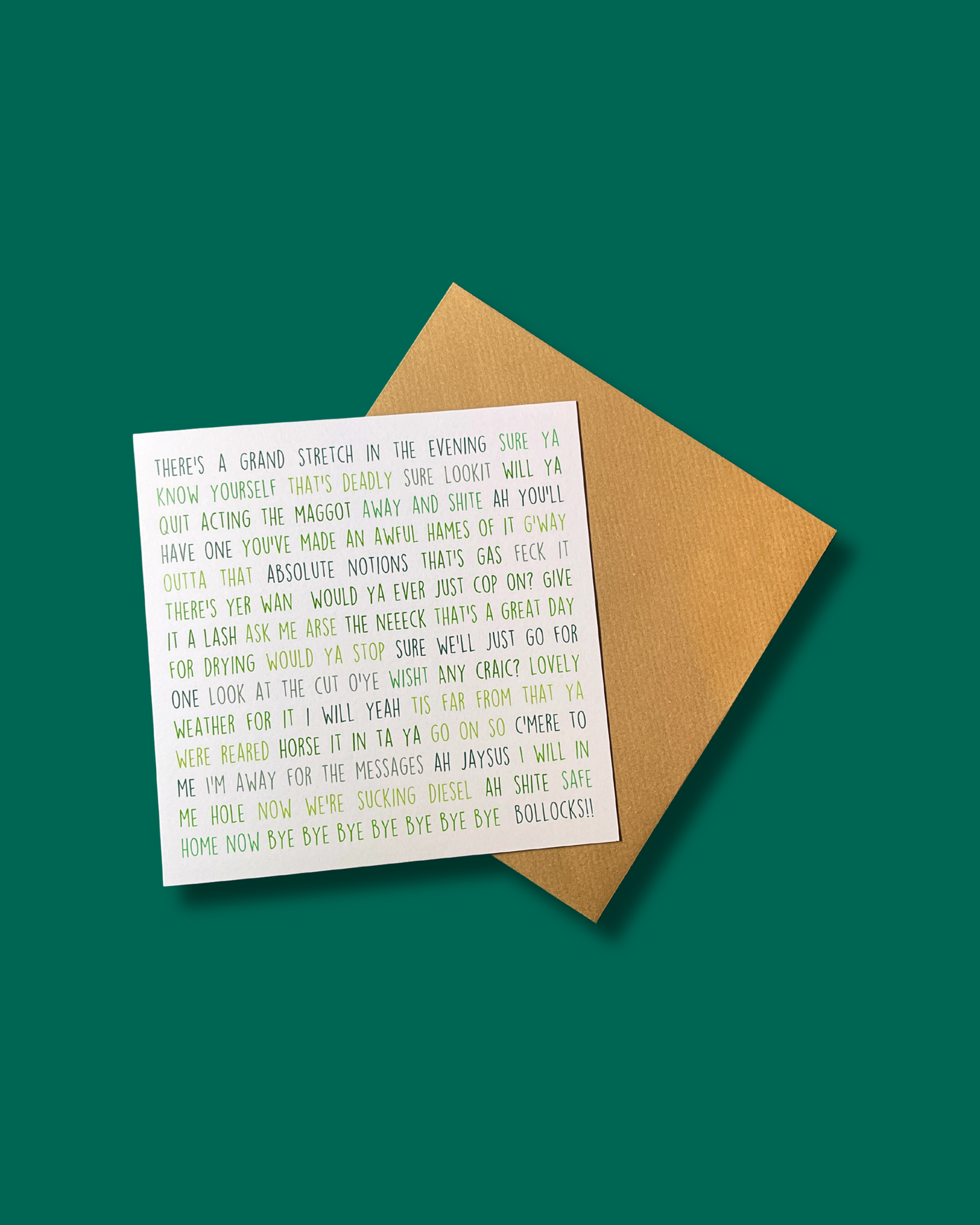 Irish sayings card, white card with green text